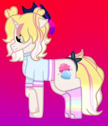Size: 1016x1184 | Tagged: safe, artist:lightningbolt39, imported from derpibooru, oc, oc only, oc:soda frosting, pony, unicorn, bow, clothes, cowboy hat, female, freckles, gradient background, hat, mare, rainbow socks, raised hoof, shirt, socks, solo, striped socks, tail bow