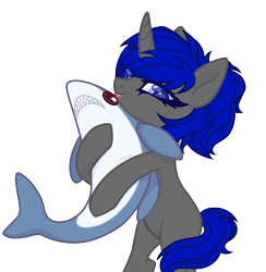 Size: 2000x2049 | Tagged: safe, artist:cirry, imported from derpibooru, oc, oc only, oc:dream vezpyre, oc:dream², pony, unicorn, :p, bedroom eyes, bipedal, female, plushie, ponytail, shark plushie, simple background, solo, tongue out, transparent background