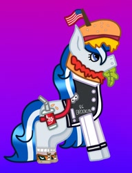 Size: 928x1208 | Tagged: safe, artist:lightningbolt39, imported from derpibooru, oc, oc only, oc:balmoral, pony, unicorn, :o, american flag, bag, burger, clothes, clothes swap, converse, flag, food, gradient background, hat, jersey, ketchup, lettuce, mustard, open mouth, sauce, scotland, shoes, socks, soda, solo, tomato