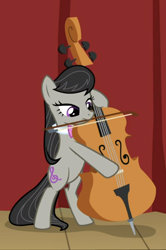 Size: 574x865 | Tagged: safe, imported from derpibooru, screencap, octavia melody, pony, a horse shoe-in, bipedal, bow (instrument), cello, cropped, female, mare, mouth hold, musical instrument, solo