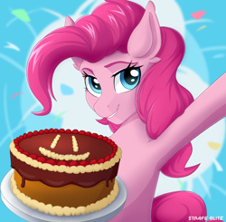 Size: 1826x1786 | Tagged: safe, artist:strafe blitz, imported from derpibooru, pinkie pie, earth pony, pony, c:, cake, cute, diapinkes, ear fluff, female, food, looking at you, smiling, solo