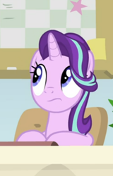 Size: 317x494 | Tagged: safe, imported from derpibooru, screencap, starlight glimmer, pony, unicorn, a horse shoe-in, cropped, female, looking up, mare, sitting, solo