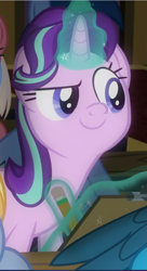Size: 511x942 | Tagged: safe, imported from derpibooru, screencap, starlight glimmer, pony, unicorn, a horse shoe-in, clipboard, cropped, cute, female, glimmerbetes, glowing horn, hair flip, horn, levitation, looking at someone, magic, magic aura, mare, offscreen character, pencil, raised eyebrow, smiling, smirk, smug, smuglight glimmer, solo focus, telekinesis