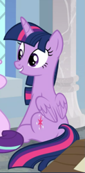 Size: 345x703 | Tagged: safe, imported from derpibooru, screencap, twilight sparkle, alicorn, pony, a horse shoe-in, cropped, cute, female, looking at someone, mare, offscreen character, sitting, smiling, solo, twiabetes, twilight sparkle (alicorn)