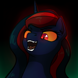 Size: 500x500 | Tagged: safe, artist:dipfanken, imported from derpibooru, oc, oc only, oc:blood moon, alicorn, pony, fallout equestria, game: fallout equestria: remains, artificial alicorn, boss battle, bust, cute, cute little fangs, fanfic, fanfic art, fangs, female, gradient background, horn, mare, open mouth, portrait, red eyes, slit eyes, slit pupils, solo, video game, video game boss