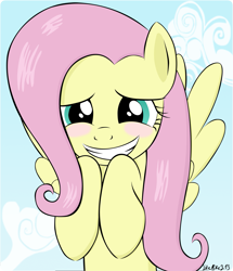 Size: 1551x1800 | Tagged: safe, artist:likemike213, imported from derpibooru, fluttershy, pegasus, pony, hurricane fluttershy, blushing, bust, cute, embarrassed, female, flying, front view, full face view, hnnng, hooves to the chest, looking at you, mare, scene interpretation, shy, shyabetes, smiling, solo, spread wings, wings