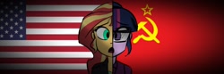 Size: 1500x500 | Tagged: safe, imported from derpibooru, sci-twi, sunset shimmer, twilight sparkle, equestria girls, american flag, cold war, hammer and sickle, soviet union