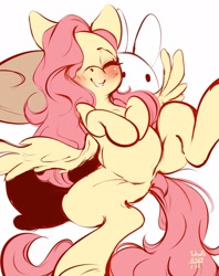 Size: 1618x2048 | Tagged: safe, artist:tohupo, imported from derpibooru, fluttershy, pegasus, pony, blushing, cute, eyes closed, female, hair over one eye, hooves to the chest, mare, on back, shyabetes, smiling, solo, spread legs, spread wings, spreading, wings