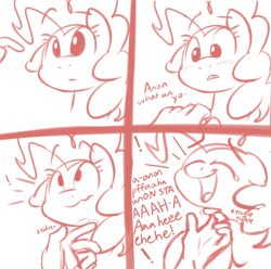 Size: 2019x2000 | Tagged: safe, artist:braeburned, deleted from derpibooru, edit, imported from derpibooru, pinkie pie, oc, oc:anon, earth pony, human, pony, comic:pinkie pie sleepover quest, blushing, comic, cropped, cute, dialogue, diapinkes, explicit source, eyes closed, female, laughing, mare, monochrome, simple background, white background