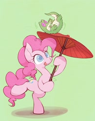 Size: 2059x2634 | Tagged: safe, artist:noupu, imported from derpibooru, gummy, pinkie pie, alligator, earth pony, duo, female, green background, hoof hold, male, mare, simple background, umbrella