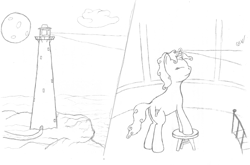 Size: 1004x661 | Tagged: safe, artist:quint-t-w, imported from derpibooru, oc, oc only, pony, unicorn, cliff, light, lighthouse, moon, ocean, old art, pencil drawing, solo, stool, traditional art