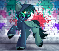 Size: 3233x2797 | Tagged: safe, artist:airiniblock, imported from derpibooru, oc, oc only, oc:target strike, pegasus, pony, clothes, cloven hooves, commission, gas mask, graffiti, high res, hoodie, male, mask, raised hoof, solo