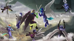 Size: 1024x576 | Tagged: safe, artist:obscuredragone, imported from derpibooru, rainbow dash, oc, oc:realfeeler, anthro, zebra, artificial wings, augmented, battlefield, burning, cloud, f16, mechanical wing, metal wing, mountain, oc name needed, oc needed, plane, ponyville, sky, sundown, sword, v-22 osprey, vehicle, view, weapon, wings, zebra oc