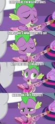 Size: 500x1123 | Tagged: safe, edit, edited screencap, imported from derpibooru, screencap, rarity, spike, twilight sparkle, alicorn, dragon, unicorn, best gift ever, caption, comic, guitar, image macro, musical instrument, parody, playing guitar, playing instrument, screencap comic, solo focus, text, twilight sparkle (alicorn)