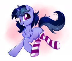 Size: 1916x1634 | Tagged: safe, artist:confetticakez, imported from derpibooru, oc, oc only, oc:purple flix, pony, unicorn, abstract background, blushing, chest fluff, clothes, cute, male, ocbetes, running, socks, solo, stallion, striped socks, thigh highs