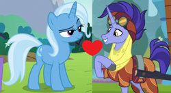 Size: 638x346 | Tagged: safe, edit, edited screencap, imported from derpibooru, screencap, hoo'far, trixie, no second prances, road to friendship, female, male, shipping, shipping domino, straight, trixfar