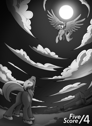 Size: 1280x1760 | Tagged: safe, artist:tf-sential, deleted from derpibooru, imported from derpibooru, big macintosh, rainbow dash, earth pony, pegasus, pony, fanfic:five score divided by four, cloud, fanfic art, flying, full moon, grayscale, implied transformation, monochrome, moon, night, scenery, spread wings, wings