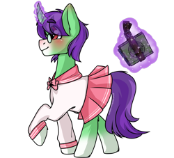 Size: 1100x1000 | Tagged: safe, artist:cottonsweets, imported from derpibooru, oc, oc only, oc:crescent star, crystal pony, pony, unicorn, blushing, book, clothes, crossdressing, crystal unicorn, glasses, happy, magic, male, sailor uniform, schoolgirl, simple background, sissy, solo, transparent background, uniform, walking