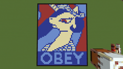 Size: 1920x1080 | Tagged: safe, artist:sarperso, imported from derpibooru, princess celestia, alicorn, pony, angry, hope poster, minecraft, minecraft pixel art, obey, pixel art