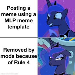 Size: 1200x1200 | Tagged: safe, deleted from derpibooru, edit, edited screencap, imported from derpibooru, screencap, princess luna, derpibooru, luna eclipsed, sparkle's seven, angry, artifact, happy, meme, meta, needs more jpeg