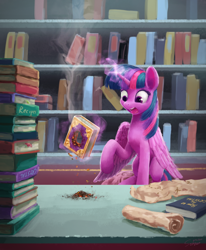 Size: 960x1165 | Tagged: safe, artist:smg11-on-ddjrb, imported from derpibooru, twilight sparkle, alicorn, pony, the crystalling, ash, book, bookshelf, crystal empire, destroyed book, female, glowing horn, hole, horn, magic, open mouth, scene interpretation, scroll, solo, telekinesis, twilight sparkle (alicorn)