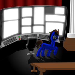 Size: 5000x5000 | Tagged: artist needed, safe, artist:djspacer, imported from derpibooru, oc, oc:ennex, earth pony, pony, chair, desk, earth pony oc, evil grin, evil lair, grin, lair, looking at you, male, smiling, smiling at you, solo