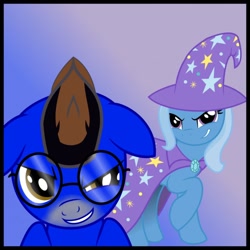 Size: 894x894 | Tagged: safe, imported from derpibooru, trixie, oc, oc:ennex, pony, evil, evil grin, grin, mischievous, smiling