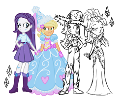 Size: 2236x1820 | Tagged: safe, artist:tassji-s, imported from derpibooru, applejack, rarity, equestria girls, look before you sleep, simple ways, applejewel, clothes, dress, froufrou glittery lacy outfit, girly, girly girl, makeup, princess applejack, rarihick, role reversal, running makeup, simple background, tomboy, tomboy taming, wet, wet mane, wet mane rarity, white background