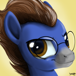 Size: 1200x1200 | Tagged: safe, artist:lostinthetrees, imported from derpibooru, oc, oc:ennex, earth pony, bust, earth pony oc, head, looking at you, male, portrait, simple background, yellow background