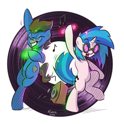 Size: 4000x4000 | Tagged: safe, artist:dilarus, deleted from derpibooru, imported from derpibooru, dj pon-3, vinyl scratch, oc, oc:ennex, glowstick, music notes, party, record, simple background, speaker, transparent background