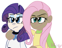 Size: 800x613 | Tagged: safe, artist:mirabuncupcakes15, imported from derpibooru, fluttershy, rarity, human, choker, clothes, dark skin, eyeshadow, female, fluttershy is not amused, humanized, makeup, rarity is not amused, scarf, simple background, sweater, sweatershy, unamused, white background