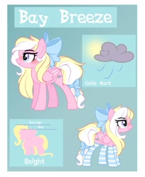 Size: 3349x4094 | Tagged: safe, artist:emberslament, imported from derpibooru, oc, oc only, oc:bay breeze, pegasus, pony, blushing, bow, clothes, cute, female, hair bow, mare, reference sheet, socks, striped socks, tail bow, text