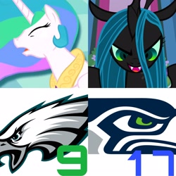 Size: 2289x2289 | Tagged: safe, edit, edited screencap, imported from derpibooru, screencap, princess celestia, queen chrysalis, alicorn, changeling, a canterlot wedding, american football, knocked out, nfc wildcard round, nfl, nfl playoffs, nfl wildcard round, philadelphia eagles, seattle seahawks