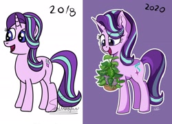 Size: 1920x1383 | Tagged: safe, artist:sadtrooper, imported from derpibooru, phyllis, starlight glimmer, pony, unicorn, a horse shoe-in, 2018 vs 2020, comparison, cute, draw this again, eye clipping through hair, female, glimmerbetes, high res, mare, open mouth, plant, purple background, redraw, simple background, smiling, solo