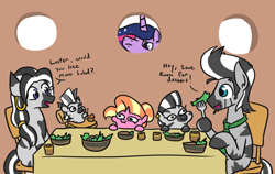 Size: 1020x643 | Tagged: safe, artist:jargon scott, imported from derpibooru, luster dawn, twilight sparkle, oc, oc:zizzie, alicorn, pony, unicorn, zebra, the last problem, baby, baby zebra, big brother is watching, disapproval, ear piercing, earring, food, herbivore, jewelry, lustie, piercing, princess twilight 2.0, salad, tongue out, twiggie, twiggie 2.0, twilight sparkle (alicorn), zebra oc