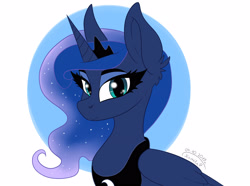 Size: 3500x2600 | Tagged: safe, artist:princesslunka10, imported from derpibooru, princess luna, alicorn, pony, abstract background, bust, circle background, crown, cute, ear fluff, female, high res, jewelry, looking at you, lunabetes, mare, portrait, regalia, solo