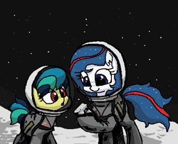 Size: 417x339 | Tagged: safe, artist:plunger, imported from derpibooru, oc, oc only, oc:apogee, oc:nasapone, earth pony, pegasus, pony, /mlp/, 4chan, :o, c:, cute, drawthread, duo, eye clipping through hair, moon, moon rock, ocbetes, open mouth, smiling, space, spacesuit, stars