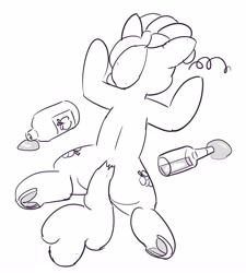 Size: 3217x3580 | Tagged: safe, artist:pabbley, imported from derpibooru, berry punch, berryshine, earth pony, pony, both cutie marks, bottle, cider, drunk, faceplant, female, frog (hoof), mare, monochrome, passed out, rear view, solo, underhoof