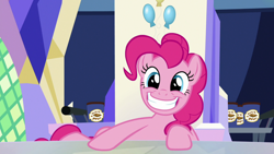 Size: 1920x1080 | Tagged: safe, imported from derpibooru, screencap, pinkie pie, earth pony, pony, the last laugh, cutie map, female, mare, sitting, smiling, solo