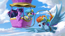 Size: 4450x2500 | Tagged: safe, artist:tinybenz, imported from derpibooru, rainbow dash, twilight sparkle, oc, oc:lrivulet, oc:zoran, oc:左岸, pegasus, pony, female, flying, hot air balloon, mare, pegasus oc, rope, sky