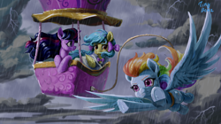 Size: 4450x2500 | Tagged: safe, alternate version, artist:tinybenz, imported from derpibooru, rainbow dash, twilight sparkle, oc, oc:lrivulet, oc:zoran, oc:左岸, pegasus, pony, female, flying, high res, hot air balloon, lightning, mare, pegasus oc, rain, rope, sky