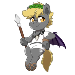 Size: 4093x4093 | Tagged: safe, artist:jcosneverexisted, imported from derpibooru, oc, oc only, oc:night striker, bat pony, pony, my little pony: pony life, clothes, g4.5, ggwealons, greek, greek clothes, laurel wreath, laurels, looking at you, male, sandals, simple background, sitting, solo, spear, transparent background, unshorn fetlocks, weapon