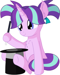 Size: 5912x7329 | Tagged: safe, artist:cyanlightning, imported from derpibooru, starlight glimmer, pony, unicorn, .svg available, absurd resolution, chest fluff, cute, daaaaaaaaaaaw, ear fluff, female, filly, filly starlight glimmer, glimmerbetes, hat, holding, pigtails, silly, simple background, sitting, smiling, solo, transparent background, vector, wand, younger