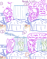 Size: 4779x6013 | Tagged: safe, artist:adorkabletwilightandfriends, imported from derpibooru, twilight sparkle, alicorn, pony, comic:adorkable twilight and friends, adorkable, adorkable twilight, bed, bedroom, blanket, clock, comic, cute, dork, female, mare, morning, pillow, rain, slice of life, solo, storm, tissue, twiabetes, twilight sparkle (alicorn), weather, wind, yawn