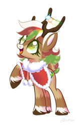 Size: 1024x1587 | Tagged: safe, artist:lazuli, artist:mint-light, artist:wicked-red-art, imported from derpibooru, oc, oc only, oc:olive (reindeer), deer, reindeer, base used, christmas, christmas lights, clothes, coat, commission, cute, deer oc, female, holiday, multicolored hair, open mouth, raised hoof, simple background, solo, transparent background, unshorn fetlocks