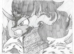 Size: 1040x769 | Tagged: safe, artist:petanoprime, imported from derpibooru, king sombra, pony, umbrum, unicorn, bust, cloak, clothes, grin, male, monochrome, signature, smiling, solo, sombra eyes, stallion, traditional art