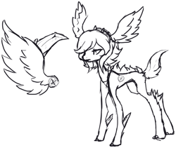 Size: 729x615 | Tagged: safe, artist:axolotlshy, deleted from derpibooru, imported from derpibooru, oc, oc only, deer, deer pony, original species, ear fluff, lineart, monochrome, simple background, solo, white background, wings