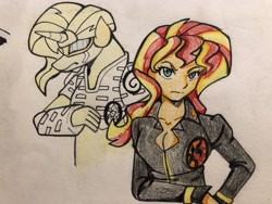 Size: 4032x3024 | Tagged: safe, artist:ponime11, imported from derpibooru, sunset shimmer, anthro, equestria girls, clothes, cosplay, costume, female, gold experience, human anthrodox, jojo's bizarre adventure, solo, stand, traditional art