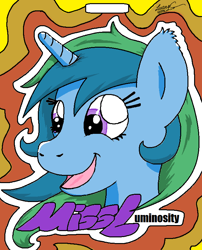 Size: 640x792 | Tagged: safe, artist:lucas_gaxiola, imported from derpibooru, oc, oc only, oc:acrylic luminosity, pony, unicorn, abstract background, bust, horn, open mouth, smiling, text, unicorn oc