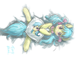 Size: 2048x1536 | Tagged: safe, artist:tinybenz, imported from derpibooru, oc, oc only, oc:lrivulet, oc:zoran, oc:左岸, pony, blushing, bow, bowtie, hair bow, looking at you, lying down, pegasus oc, pillow, solo